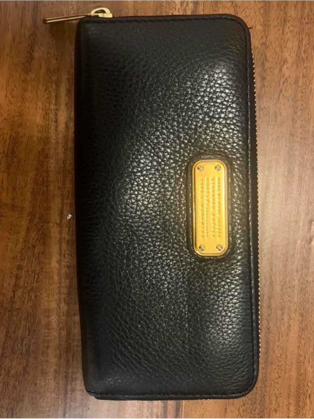 Marc By Marc Jacobs Black Leather Zip-Around Wallet with Gold Plate Accent